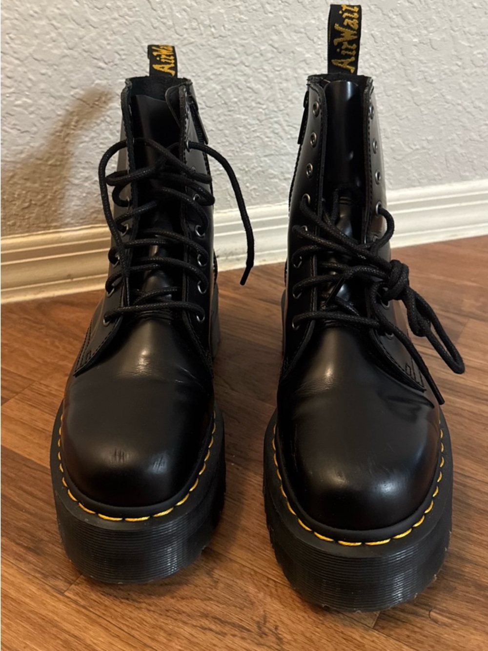 Dr. Martens Black Lace-Up Platform Boots with Yellow Welt Stitching
